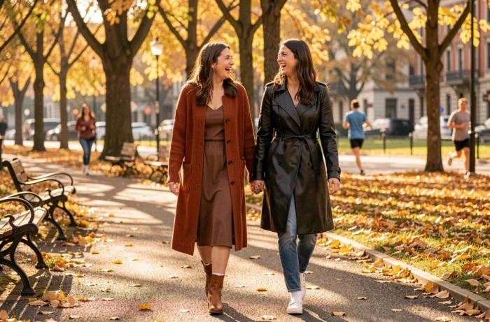 Deux femmes élégantes en tenues tendance automne se promenant dans un parc urbain, look mode cardigan rouille et trench cuir noir