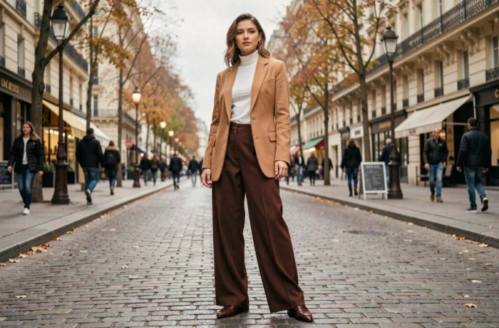 Femme élégante en blazer camel oversize et pantalon large chocolat dans une rue pavée parisienne, look mode tendance automne
