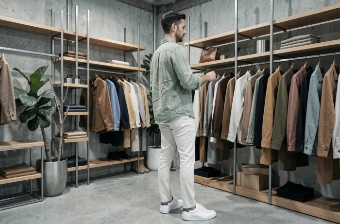Homme en chemise oversize verte et chino blanc dans un concept store minimaliste, tendances mode masculine contemporaine