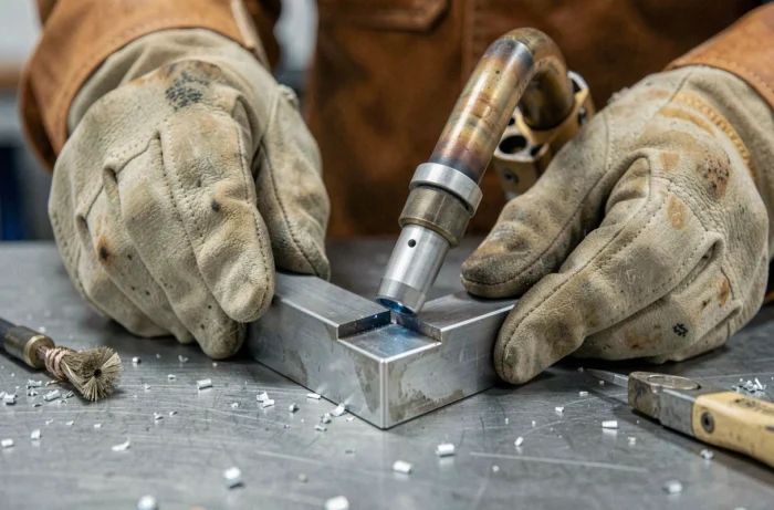 Gros plan sur la torche MIG positionnée sur un joint en aluminium prêt à être soudé
