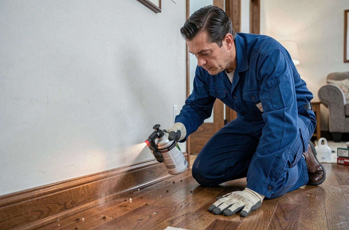 Technicien de désinfection traitant les plinthes d'un appartement contre une infestation de puces