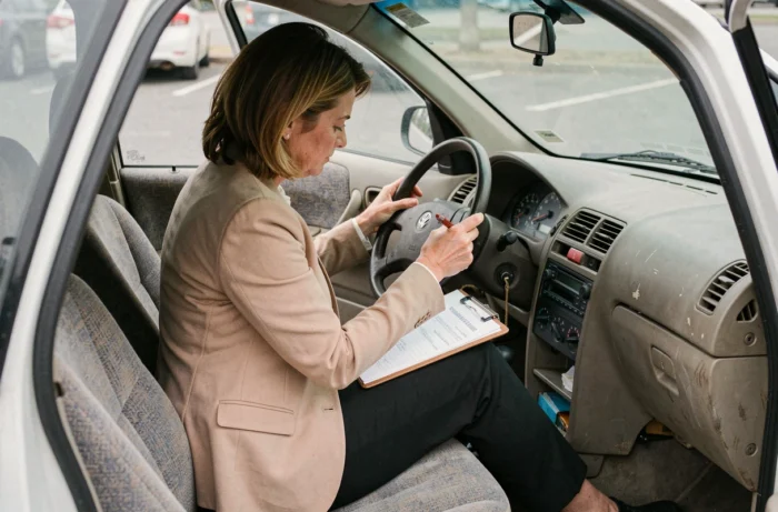 Femme vérifiant le tableau de bord et le kilométrage d'une voiture d'occasion avant de signer
