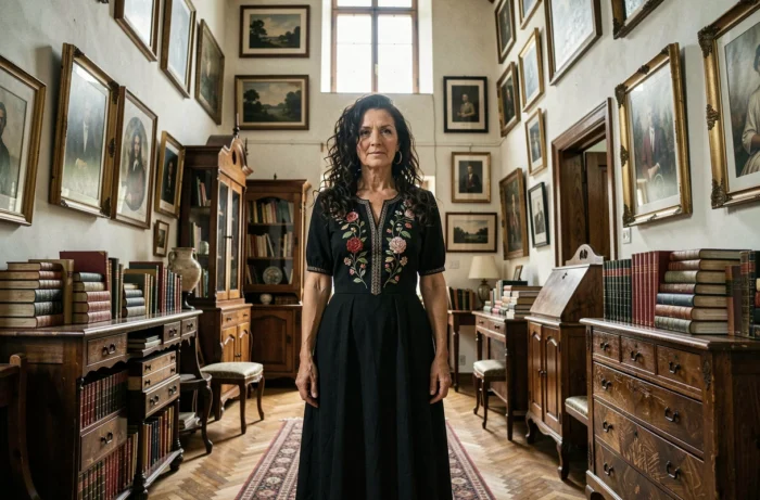 Femme élégante aux cheveux bouclés dans un intérieur bohème chargé d'art et de livres anciens illustrant la vie artistique de l'ex-épouse de Jimmy Page