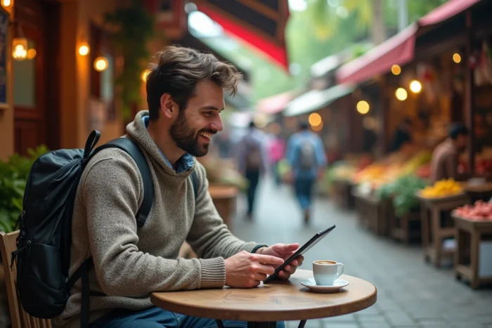 Voyageur solo consultant ses notes de voyage sur tablette dans un marché local en Asie du Sud-Est