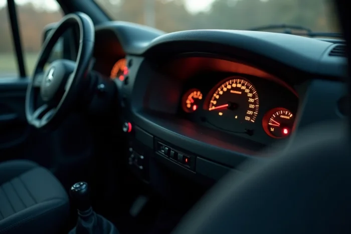 Gros plan sur les voyants du tableau de bord d'un Mercedes Vito avec indicateurs d'alerte allumés en rouge et orange