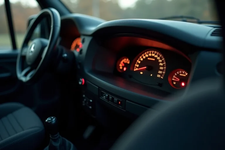 Gros plan sur les voyants du tableau de bord d'un Mercedes Vito avec indicateurs d'alerte allumés en rouge et orange