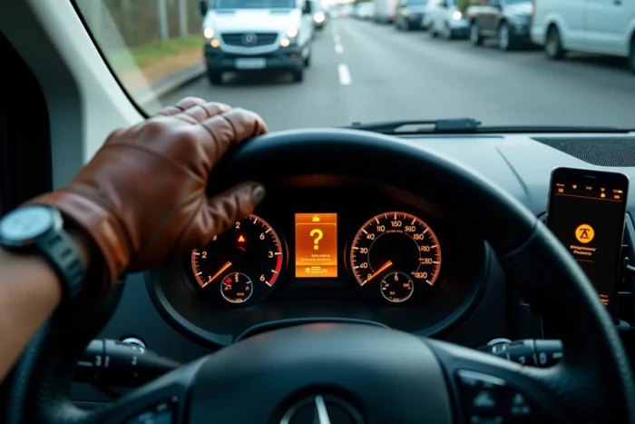 Vue conducteur du tableau de bord Mercedes Vito avec voyant moteur allumé et application de diagnostic sur smartphone